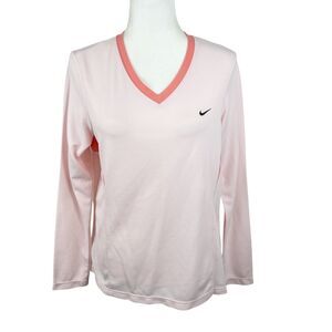 Nike Long Sleeve Shirt Women Large Pink V-Neck Dri-Fit Stretch Running Active